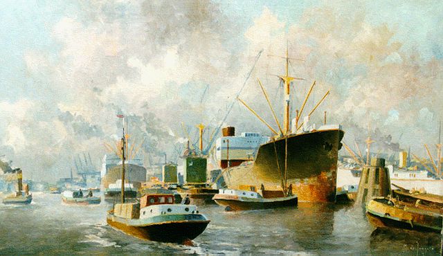 M.J. Drulman (M. de Jongere) | De Rotterdamse haven, olieverf op doek, 60,5 x 107,0 cm, gesigneerd r.o.
