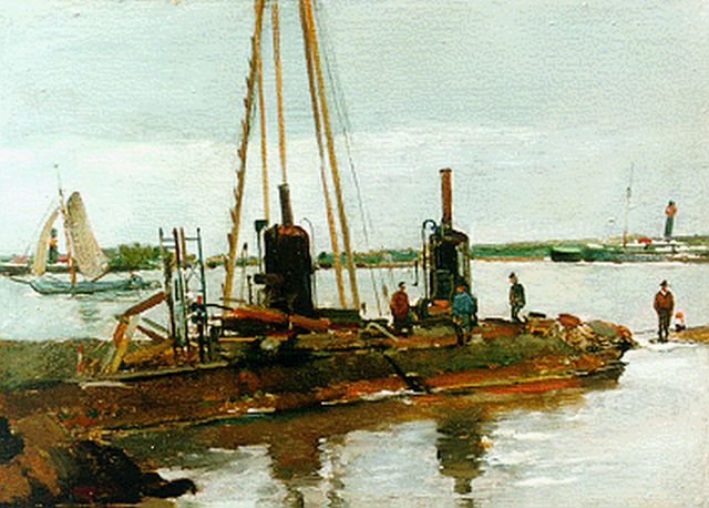 Piet Groen | Baggerwerkzaamheden bij Rotterdam, olieverf op paneel, 20,1 x 27,2 cm, gesigneerd l.o.