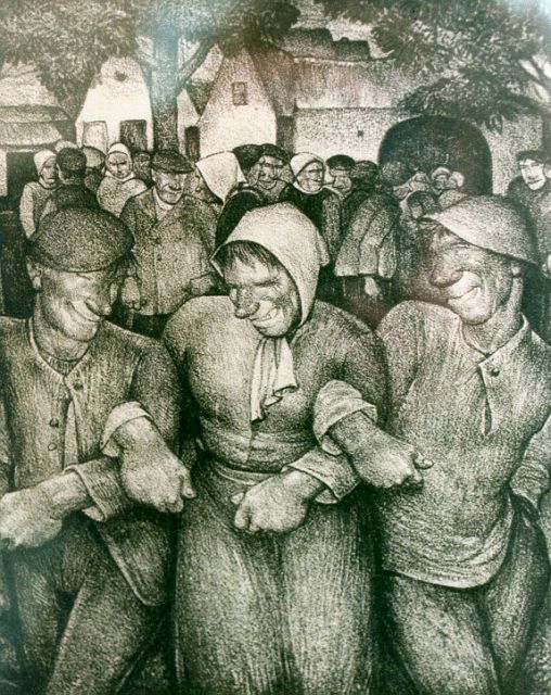 Willem van den Berg | Boeren, linosnede op papier, 22,5 x 21,0 cm, gesigneerd r.o.