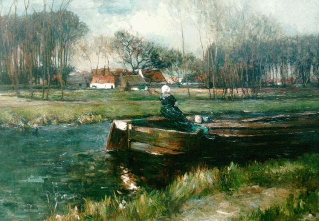 Albert Roelofs | Vrouw in platbodem op een vaart, olieverf op doek, 122,5 x 171,1 cm, gesigneerd verso en gedateerd 1896