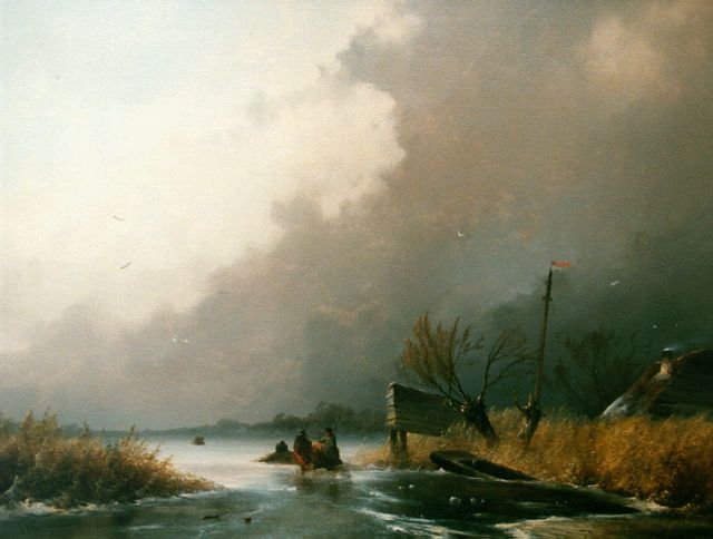 John Franciscus Hoppenbrouwers | Winters rivierlandschap met schaatsers, olieverf op paneel, 54,5 x 72,7 cm, gesigneerd l.o. en gedateerd '52
