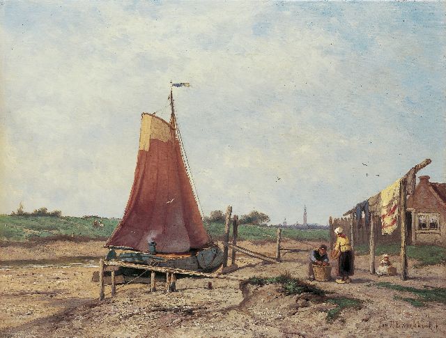 Jan H.B. Koekkoek | Platbodem op drooggevallen water bij Veere, olieverf op paneel, 32,2 x 42,4 cm, gesigneerd r.o.