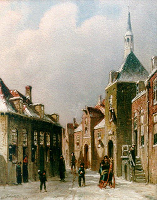 Petrus Gerardus Vertin | Sneeuwpret in winters straatje, olieverf op paneel, 24,0 x 19,4 cm, gesigneerd l.o. en gedateerd '87