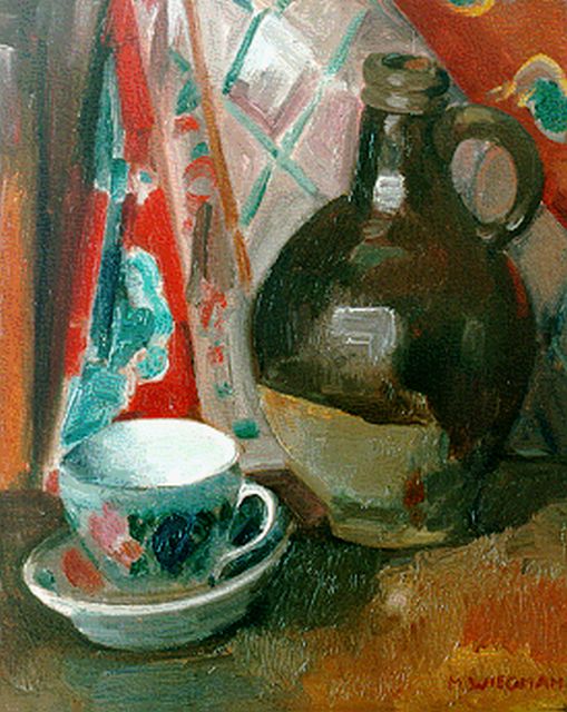 Wiegman M.J.M.  | Stilleven met kan en kop en schotel, olieverf op doek 44,3 x 36,0 cm, gesigneerd r.o.