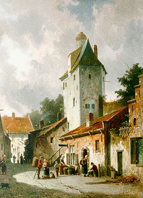 Adrianus Eversen | Drukbevolkt zomers straatje, olieverf op doek, 44,0 x 36,3 cm, gesigneerd r.o.