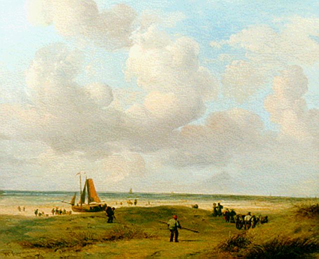 Jan van Ravenswaay | Strandgezicht met vissersvolk en een zeilschip, olieverf op paneel, 25,7 x 31,7 cm, gesigneerd l.o. en gedateerd 1827
