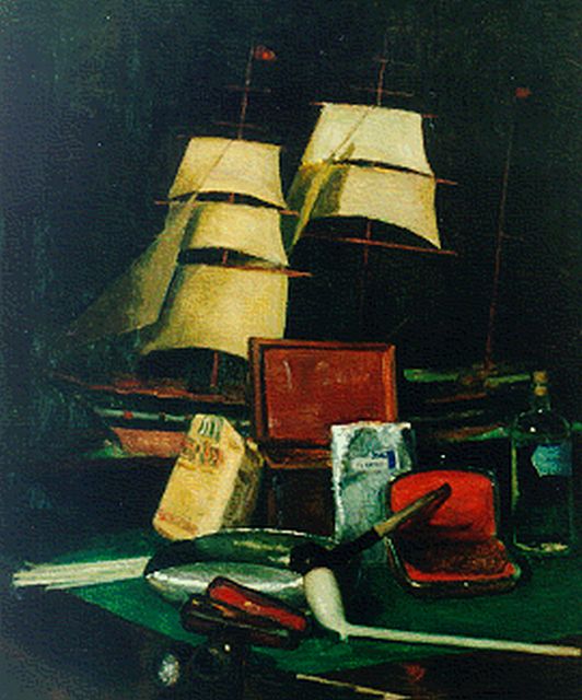 Bart Peizel | Stilleven met modelschip, olieverf op doek, 60,0 x 50,2 cm, gesigneerd l.o. en verso