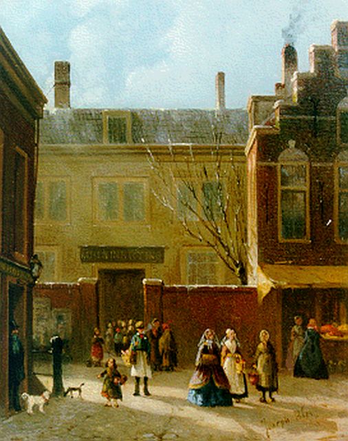 Joseph Bles | Voor het armenhuis, olieverf op paneel, 17,9 x 13,9 cm, gesigneerd r.o.