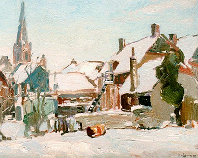 Henk van Leeuwen | Besneeuwd dorpsgezichtje, olieverf op doek, 40,3 x 50,0 cm, gesigneerd r.o.