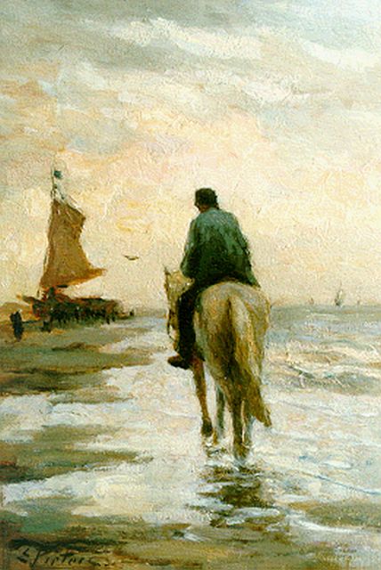 Evert Pieters | Op het strand van Katwijk, olieverf op paneel, 30,0 x 20,5 cm, gesigneerd l.o.