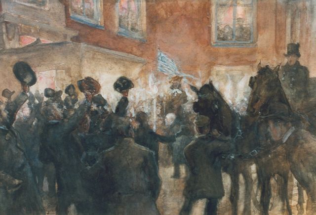Jan Hoynck van Papendrecht | Huldiging van Jozef Israels in Pulchri Studio, aquarel op papier, 42,0 x 62,2 cm, gesigneerd l.o.