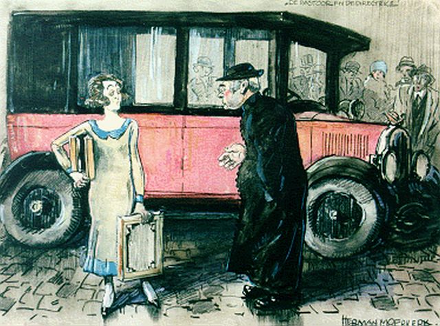Herman Moerkerk | De pastoor en de directrice, gouache en potlood op papier, 25,6 x 34,6 cm, gesigneerd r.o.