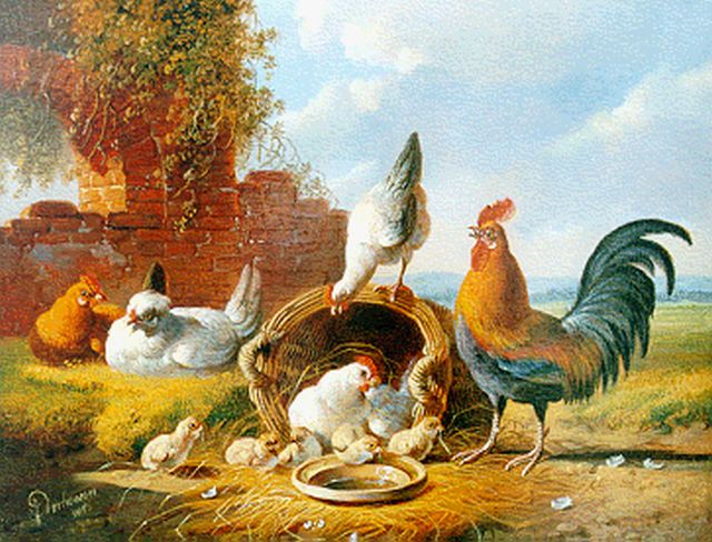Albertus Verhoesen | Pluimvee bij een ruïne, olieverf op paneel, 18,6 x 24,1 cm, gesigneerd l.o. en gedateerd 1876