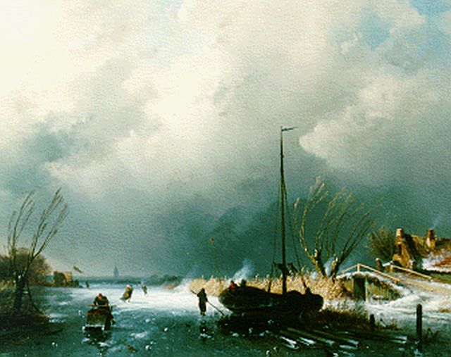 Charles Leickert | Winterlandschap met schaatsers, olieverf op paneel, 33,5 x 42,5 cm, gesigneerd r.o.