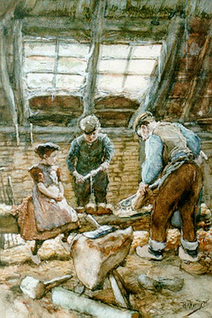 Hendrikus Matheus Horrix | Bij de klompenmaker, aquarel en gouache op papier, 54,1 x 38,6 cm, gesigneerd r.o.