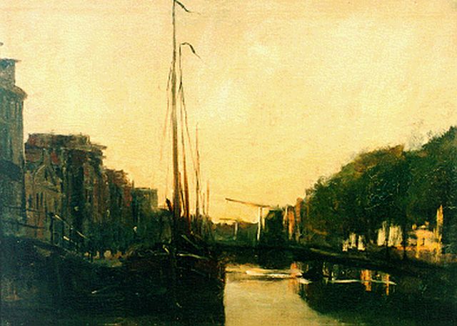 Jan Hillebrand Wijsmuller | Amsterdamse gracht bij avondschemering, olieverf op doek, 36,5 x 49,5 cm, gesigneerd r.o.