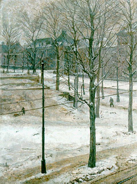 Carl Albert Feldmann | Winters stadsgezicht in Amsterdam, olieverf op doek op paneel, 35,0 x 26,1 cm, gesigneerd r.o. monogram en gedateerd 1947