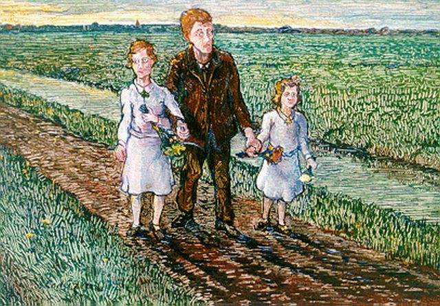 Jo Lodeizen | Wandeling in weids landschap, olieverf op paneel, 32,0 x 41,0 cm, gesigneerd l.o.