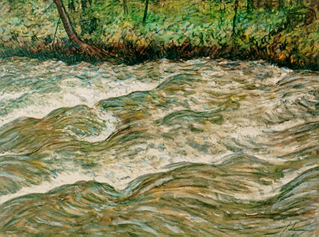 Jo Lodeizen | Rivier langs de bosrand, pastel op papier, 47,5 x 60,5 cm, gesigneerd r.o. monogram en gedateerd '64