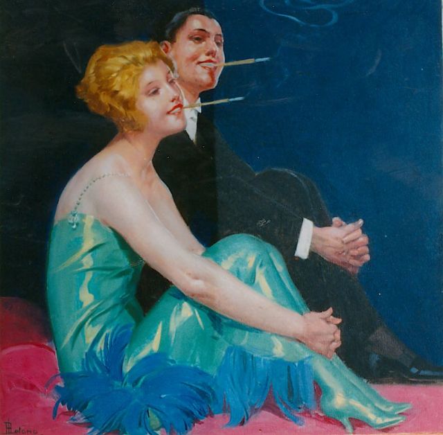 René Lelong | Rokend paar, olieverf op schilderskarton, 34,9 x 35,3 cm, gesigneerd l.o.