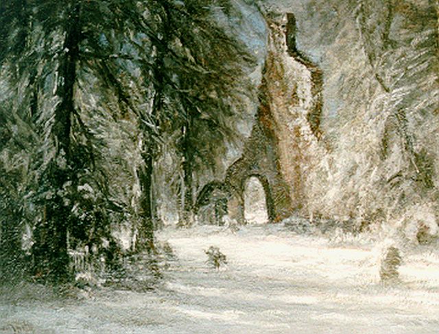 Louis Apol | Kerkruïne op Oud Eik en Duinen bij winter, olieverf op doek, 70,3 x 92,3 cm, gesigneerd l.o.