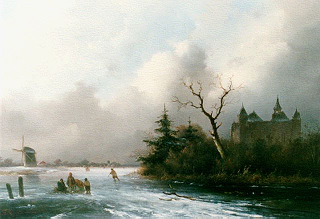 John Franciscus Hoppenbrouwers | Kasteel in winterlandschap met schaatsers, olieverf op paneel, 32,0 x 46,1 cm, gesigneerd l.o.