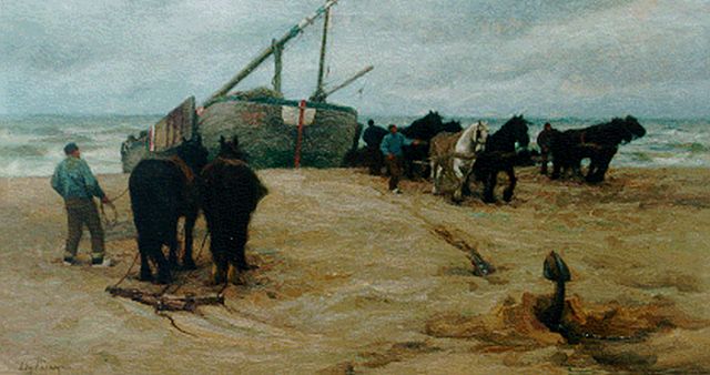 Edgard Farasijn | Het binnenhalen van de bomschuit, olieverf op doek, 72,6 x 133,0 cm, gesigneerd l.o.