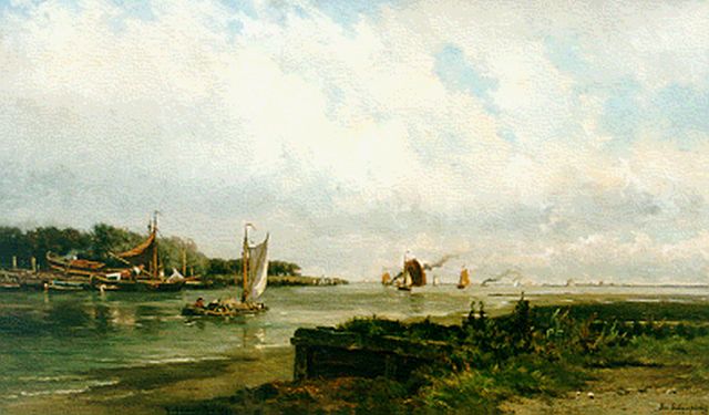 Edmond Schampheleer | Zomers riviergezicht met veel bedrijvigheid, olieverf op doek, 84,7 x 140,3 cm, gesigneerd r.o. en gedateerd 1892