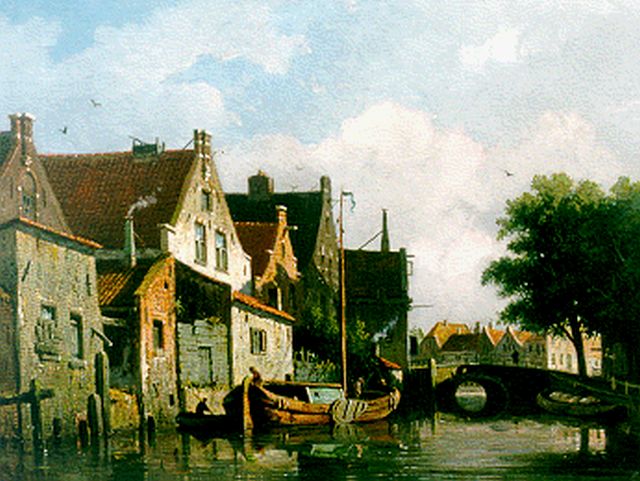 Adrianus Eversen | Stadsgezicht met gracht, olieverf op paneel, 25,0 x 33,2 cm, gesigneerd l.o.