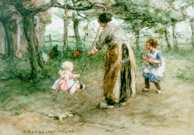 Jan Zoetelief Tromp | Schommelen in de boomgaard, aquarel op papier, 26,8 x 36,8 cm, gesigneerd l.o.