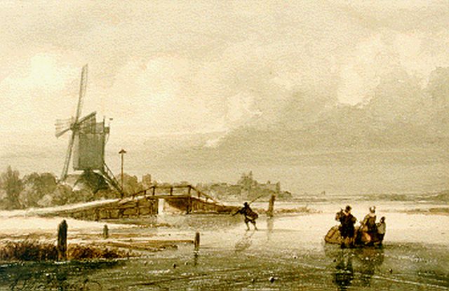 Andreas Schelfhout | IJsgezicht met schaatsers en molen, gemengde techniek op papier, 13,6 x 20,8 cm, gesigneerd l.o.