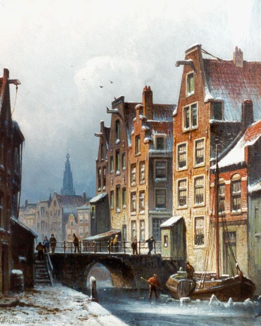 Eduard Alexander Hilverdink | Huizen langs een Hollands grachtje met Westertoren, olieverf op doek, 38,0 x 30,5 cm, gesigneerd l.o. en gedateerd '80