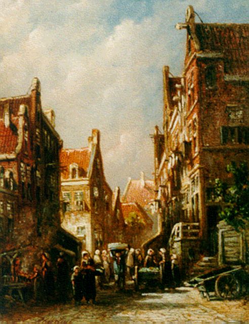Petrus Gerardus Vertin | Drukbevolkt zomers straatje, olieverf op paneel, 19,4 x 14,9 cm, gesigneerd l.o.