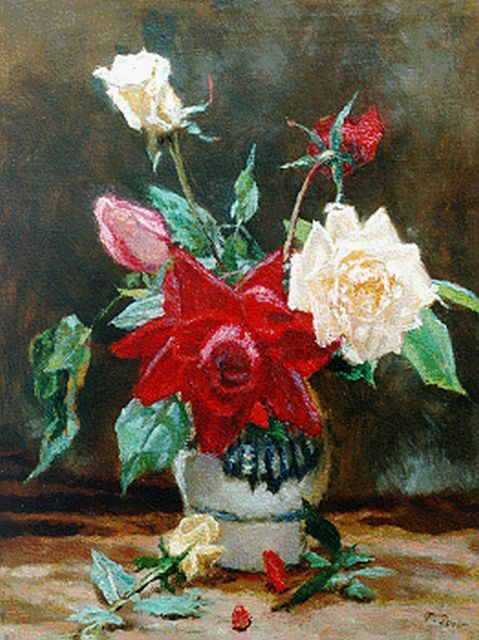 Folkert Post | Theerozen in een vaas, olieverf op doek, 41,5 x 31,5 cm, gesigneerd r.o.