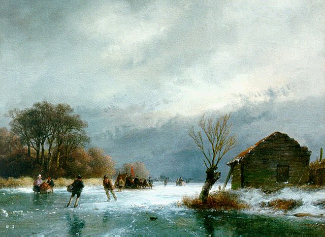 Andreas Schelfhout | IJsgezicht met schaatsers, olieverf op paneel, 21,8 x 29,0 cm, gesigneerd r.o. en gedateerd '57