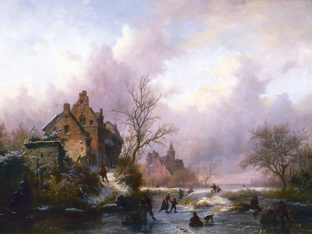 Frederik Marinus Kruseman | Winterlandschap met ijsvertier, olieverf op paneel, 28,7 x 38,7 cm, gesigneerd l.o. en gedateerd 1854