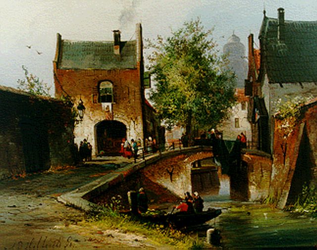 Adrianus David Hilleveld | Stadsgezicht met figuren op weg naar een markt, olieverf op paneel, 27,0 x 34,1 cm, gesigneerd l.o. en gedateerd '64