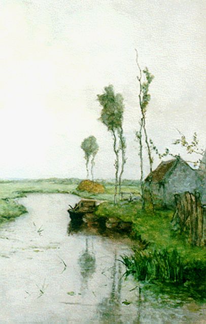 Constan Gabriel | Poldervaart met afgemeerde roeiboten, aquarel op papier, 51,0 x 35,8 cm, gesigneerd l.o.