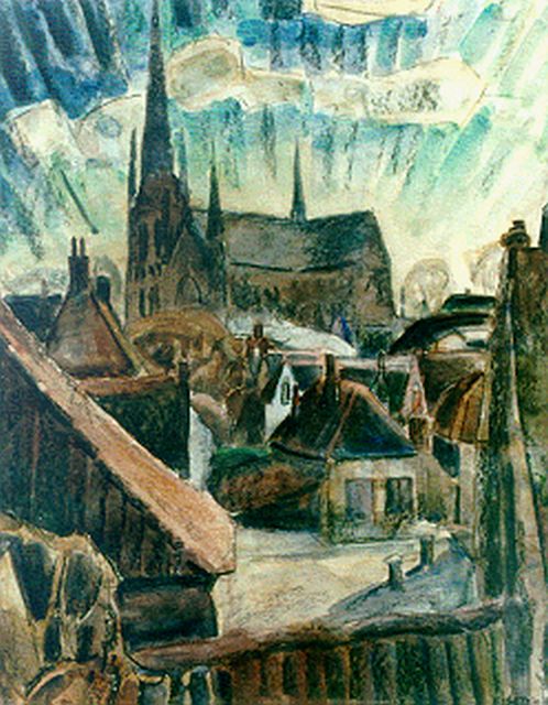 Leo Gestel | Gezicht op Woerden, gemengde techniek op papier op hout, 62,7 x 49,3 cm, gesigneerd r.o. en gedateerd '19