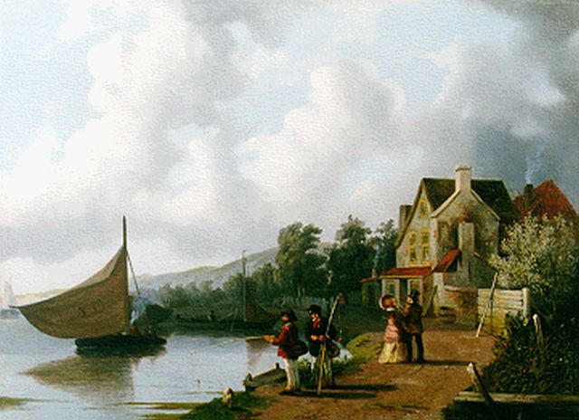 Joseph Bles | Figuren op een pad langs een rivier, olieverf op paneel, 25,4 x 34,9 cm, gesigneerd r.o.