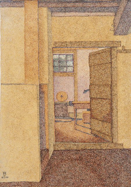 Hendricus Petrus Bremmer | Doorkijkje - kolenhok met bijkeuken, olieverf op doek, 36,4 x 25,9 cm, gesigneerd l.o. met monogram en gedateerd 12-7-1899