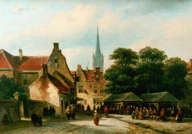 Petrus Gerardus Vertin | Dorpsplein met vele figuren, olieverf op paneel, 19,9 x 27,9 cm, gesigneerd r.o.