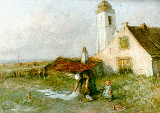 Bernard Blommers | Was bleken bij de Oude kerk, Katwijk, aquarel op papier, 33,8 x 47,6 cm, gesigneerd l.o.