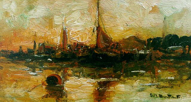 Morgenstjerne Munthe | Havengezicht met vissersschuiten, olieverf op paneel, 10,0 x 18,0 cm, gesigneerd r.o. en gedateerd '15