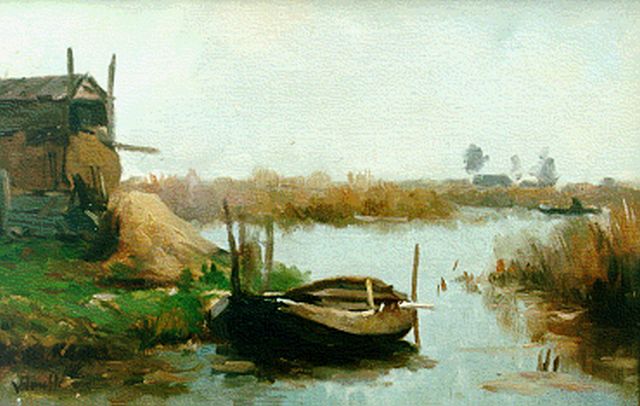 Victor Bauffe | Rivierlandschap met hooiberg en roeiboot, olieverf op paneel, 26,0 x 39,0 cm, gesigneerd l.o.