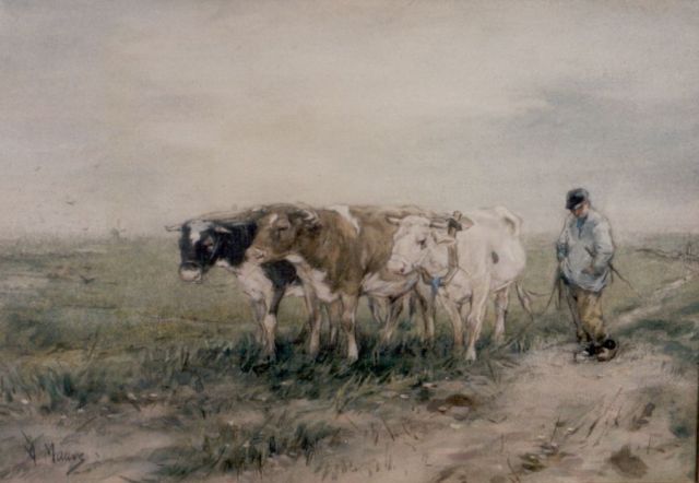 Anton Mauve | Boer met zijn span ossen, aquarel op papier, 22,5 x 32,5 cm, gesigneerd l.o.