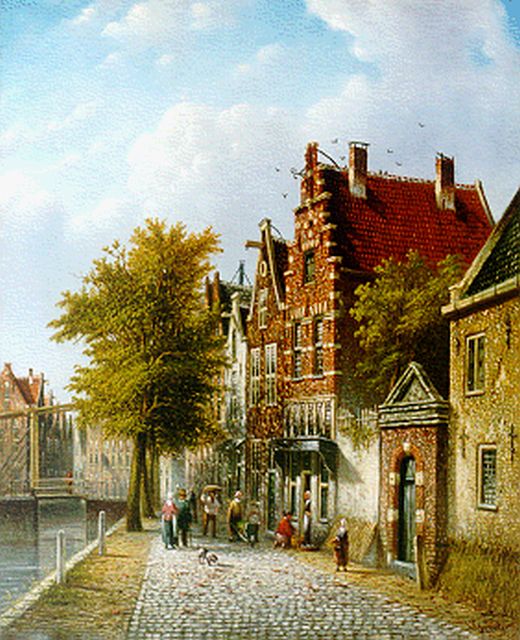 Johannes Franciscus Spohler | Zomers straatje met figuren, olieverf op doek, 43,2 x 35,3 cm, gesigneerd r.o.