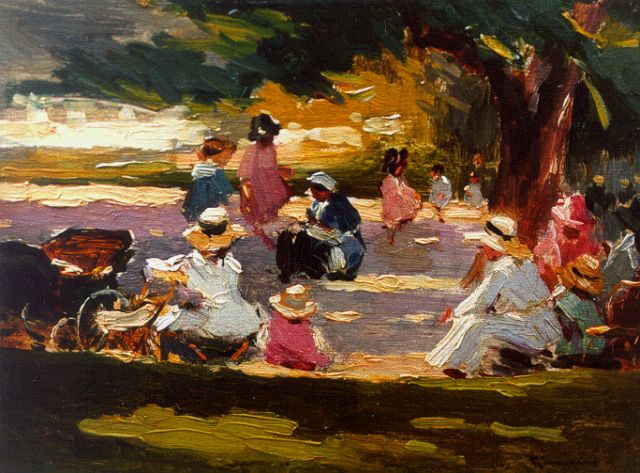 Tilla Simons | Parkscène, olieverf op paneel, 13,5 x 17,9 cm, gesigneerd r.o.