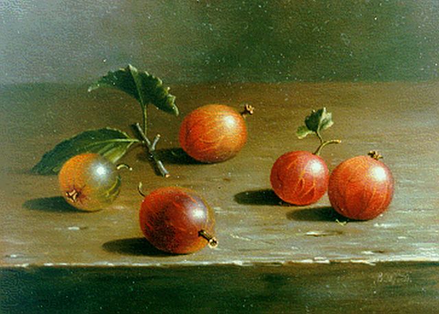 Balasz Wanyi | Stilleven van kruisbessen, olieverf op paneel, 13,0 x 18,0 cm, gesigneerd r.o. ini