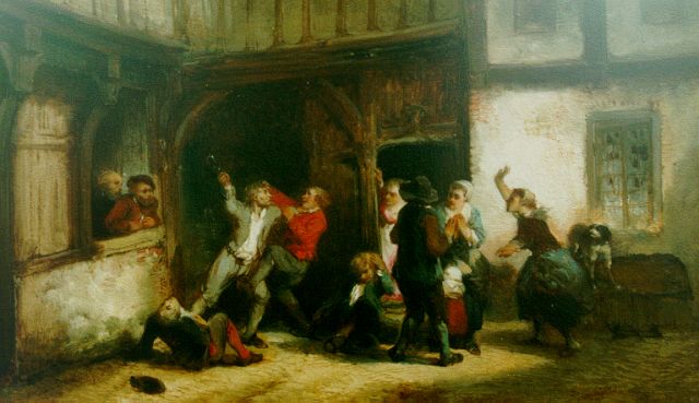Herman ten Kate | Straatgevecht buiten de herberg, olieverf op paneel, 14,7 x 24,8 cm, gesigneerd l.o.